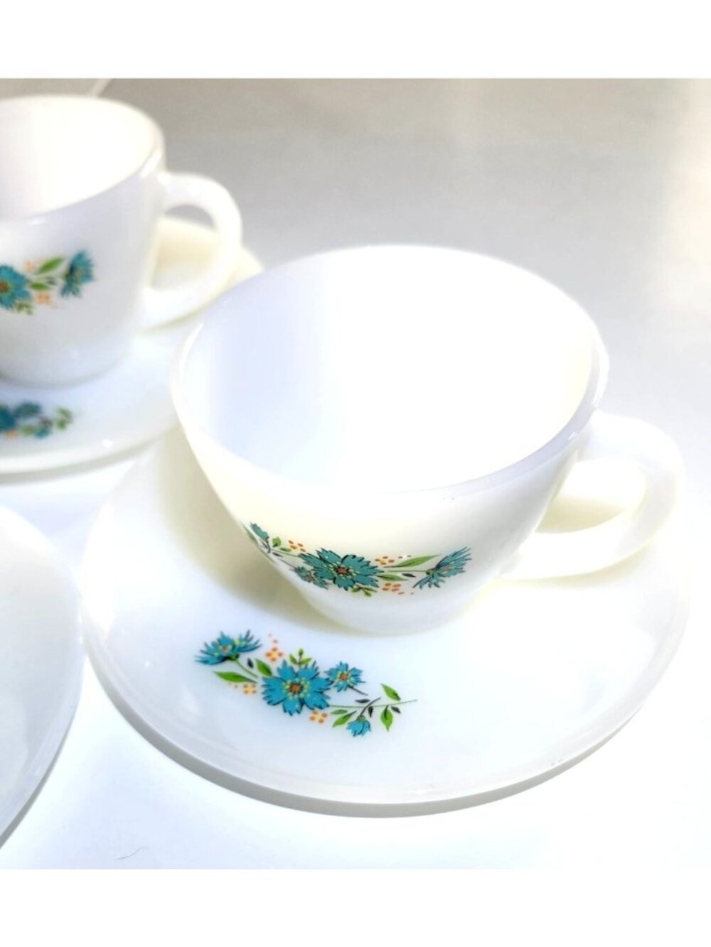 Vintage Fire-King Milk Glass Bonniie Blue Carnations Teacup & Saucer Set (4) - Picture 6 of 11